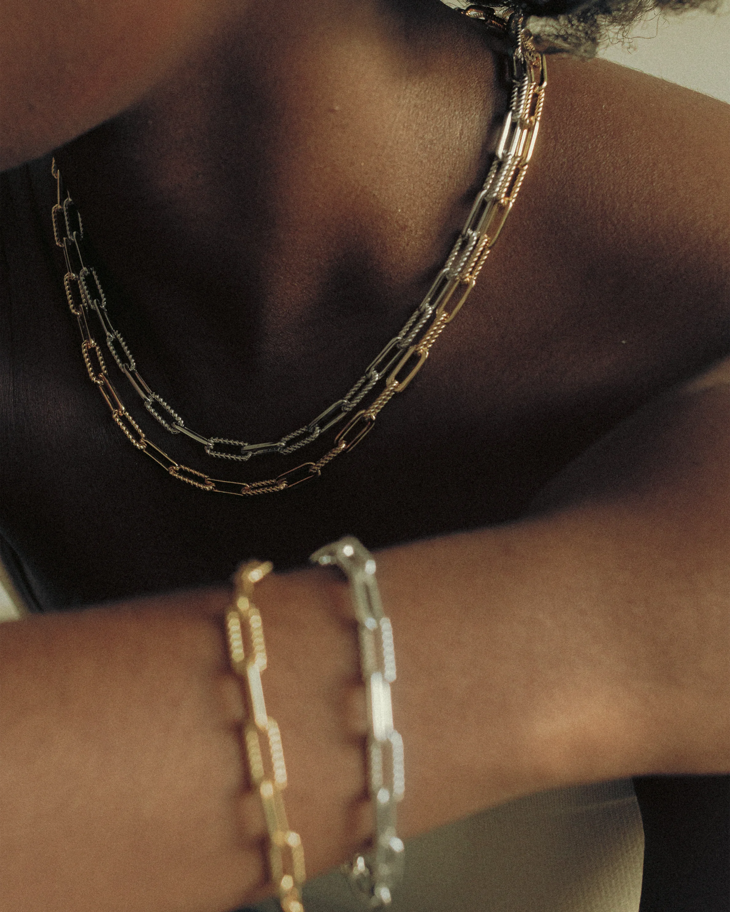 Bold Chain Necklace by Goldmacher – 18K gold-plated elongated link necklace shown in close-up on model