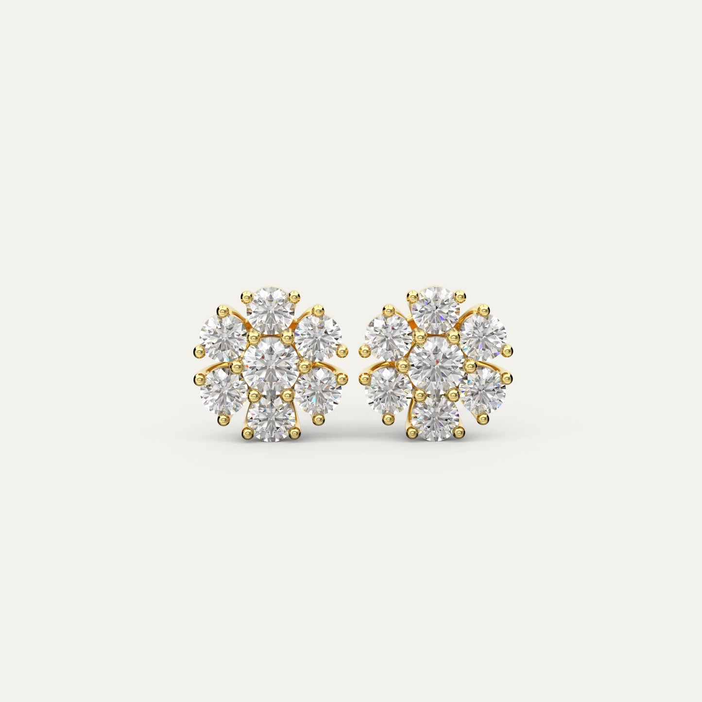 Goldmacher Calytrix gold-plated 18k cluster earrings with round moissanite stones in a floral design