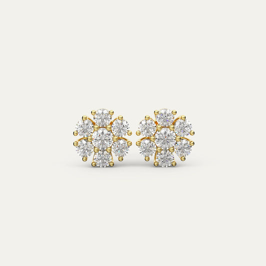 Goldmacher Calytrix gold-plated 18k cluster earrings with round moissanite stones in a floral design