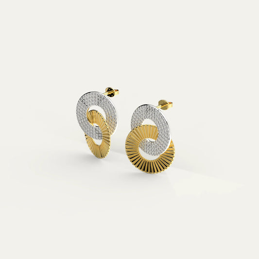 Double Deluxe Earrings – Interlocked Textured Circles in Gold and Silver with Zircon Pavé Details