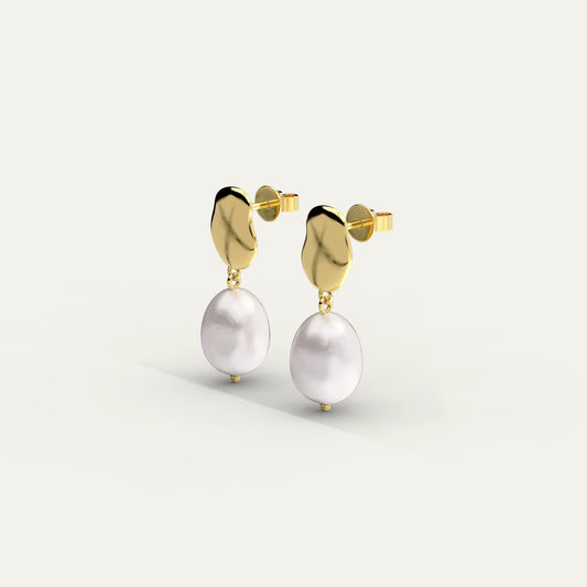 Drift Pearl Earrings – Sculpted Gold Top with Irregular Freshwater Pearl Drop on 925 Sterling Silver