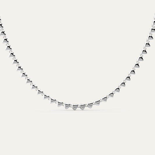 Heart String Necklace in Rhodium Silver – Polished Sculptural Chain with Heart Motif Links