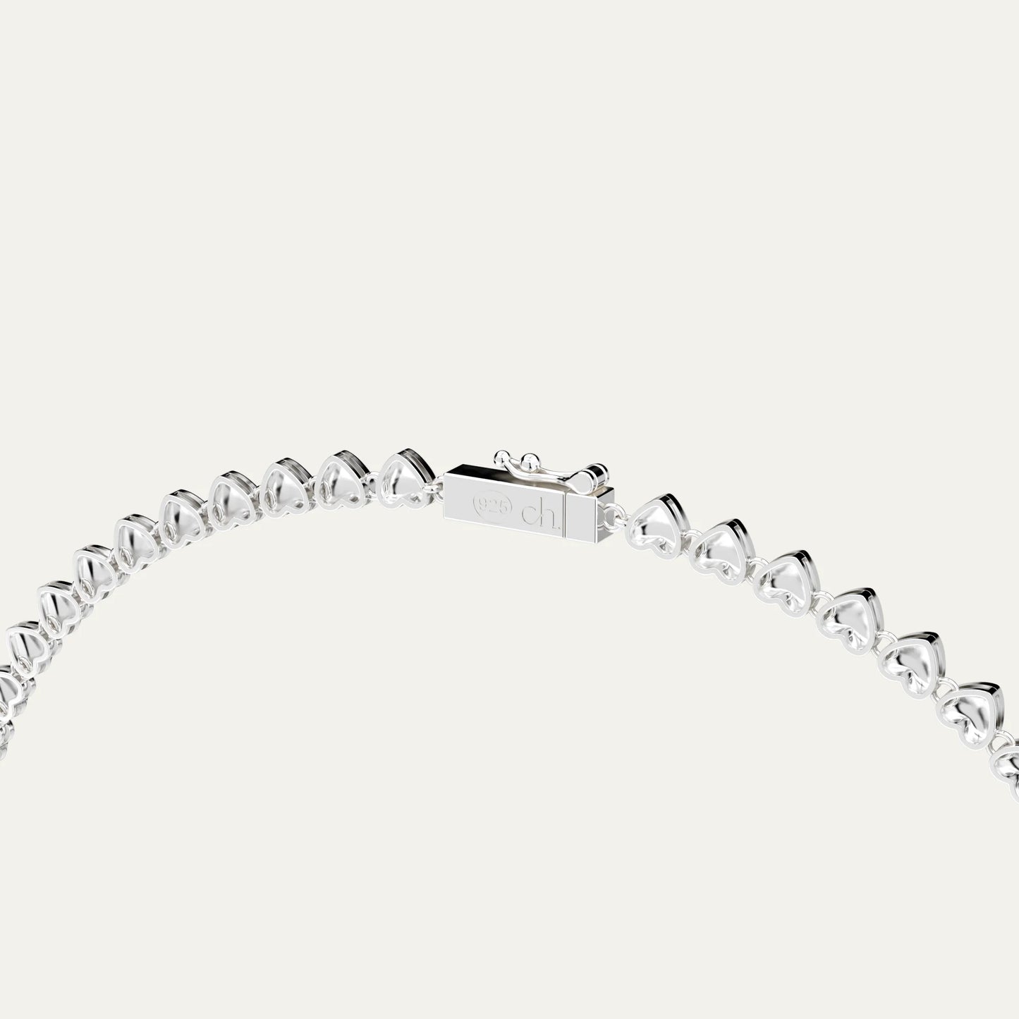 Rhodium Silver Heart String Necklace – Close-Up of Heart Links, Box Clasp and S925 Logo