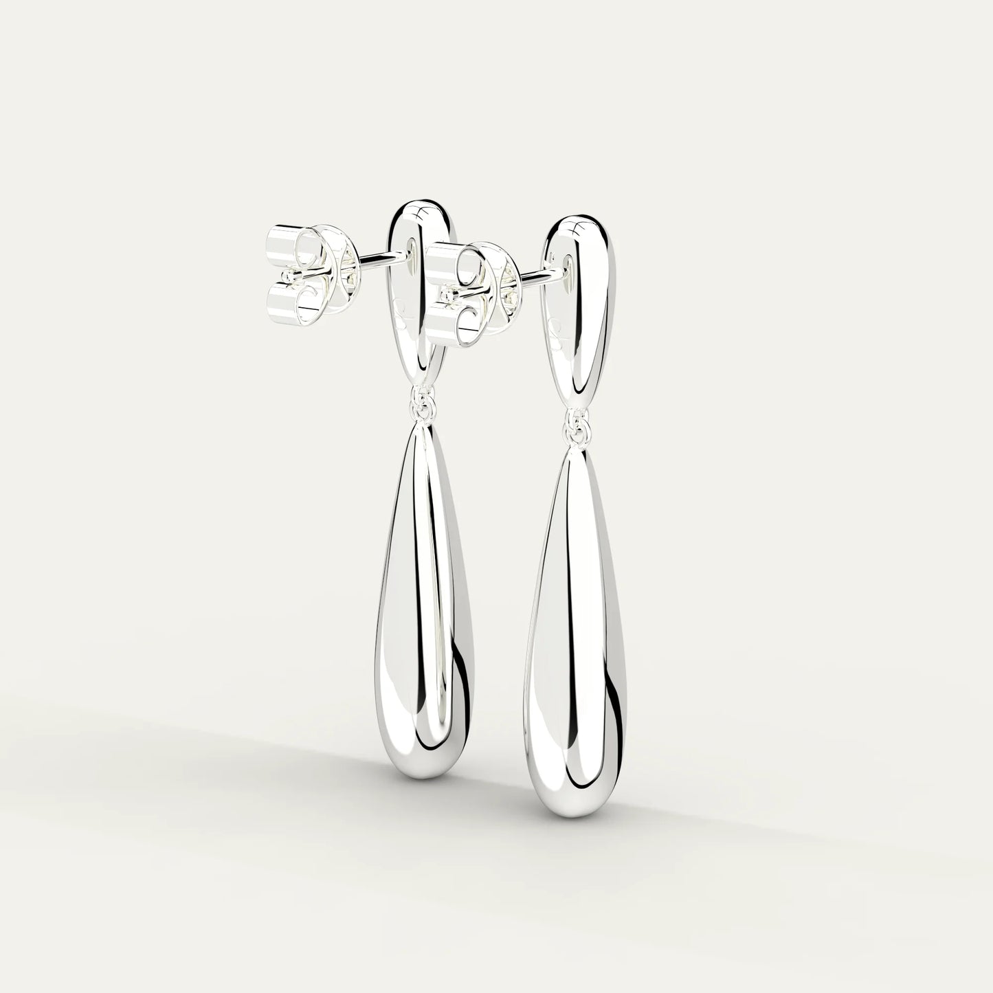Goldmacher Long Drop Earrings – Rhodium Plated Teardrop Silhouette for Minimal and Striking Styling