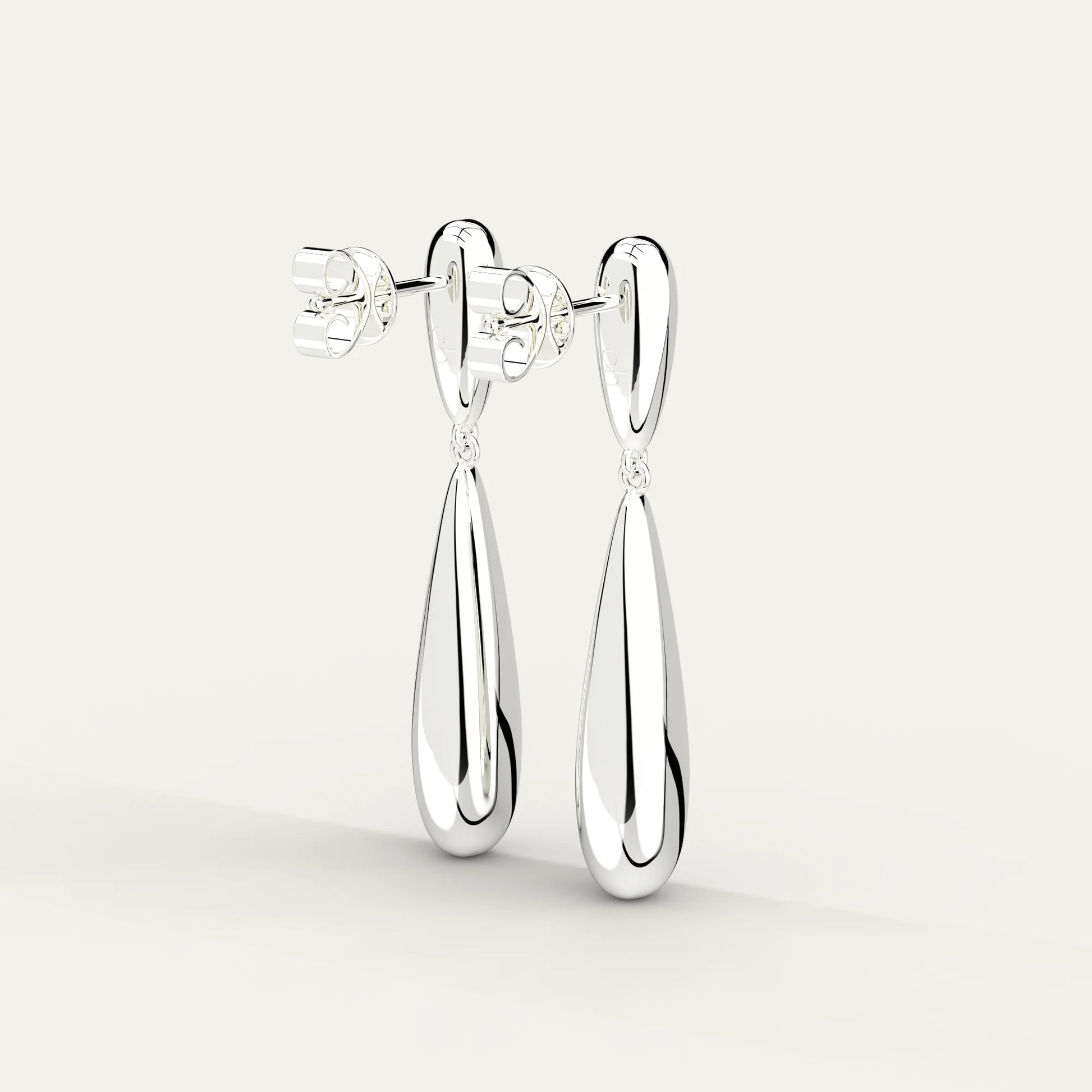 Goldmacher Long Drop Earrings – Rhodium Plated Teardrop Silhouette for Minimal and Striking Styling