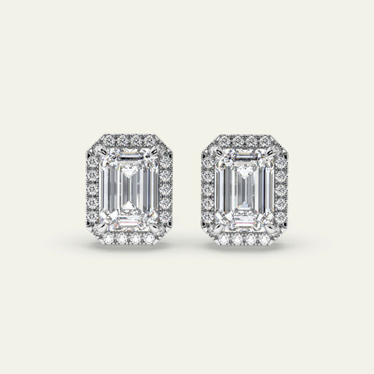 Goldmacher Lyra stud earrings in 925 silver with emerald-cut moissanite stones and a halo design