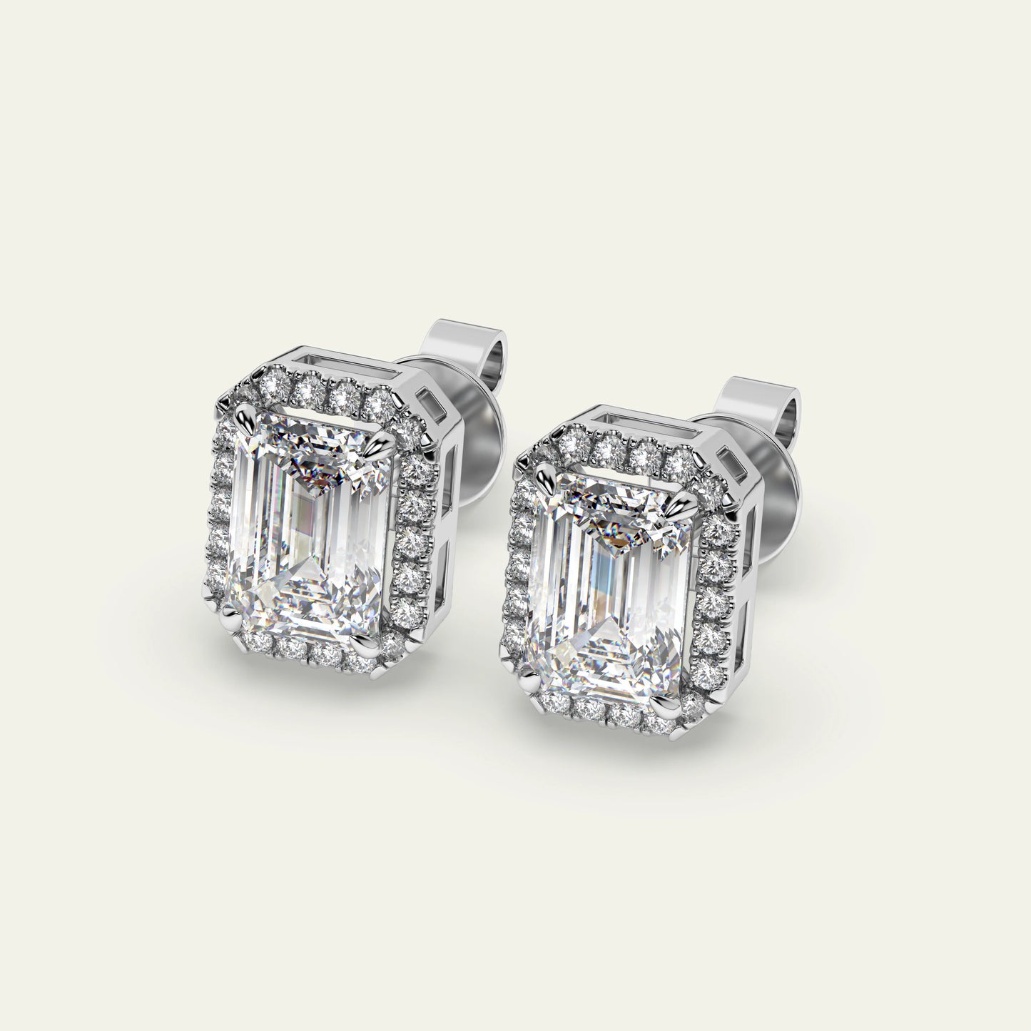 Goldmacher Lyra 925 Silver Stud Earrings – 1ctw Emerald-Cut Moissanite with Halo Design for Timeless Elegance and Affordable Luxury.