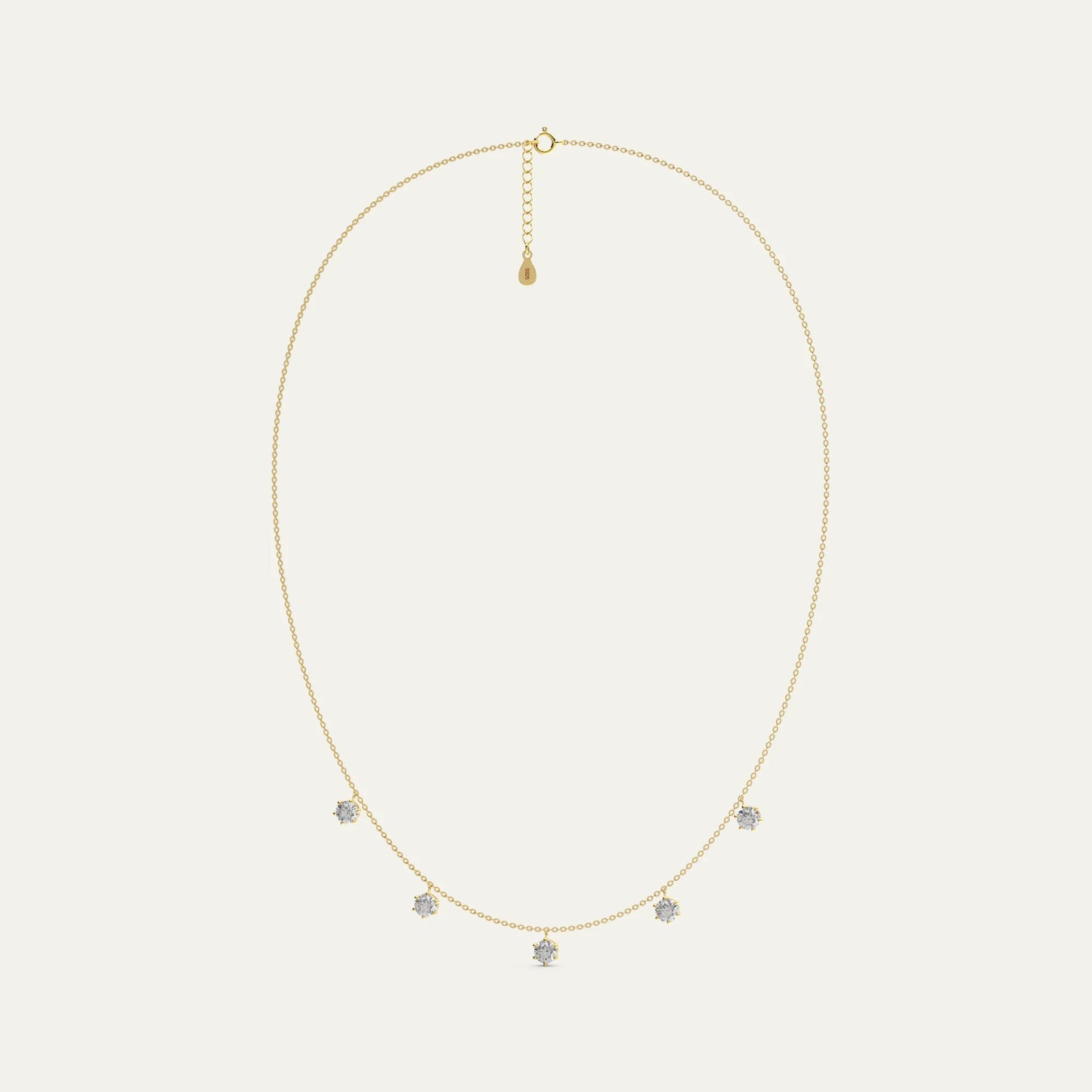 Goldmacher Phoebe Necklace in 18k gold – Five round-cut 0.5ct moissanites in a floating station design.
