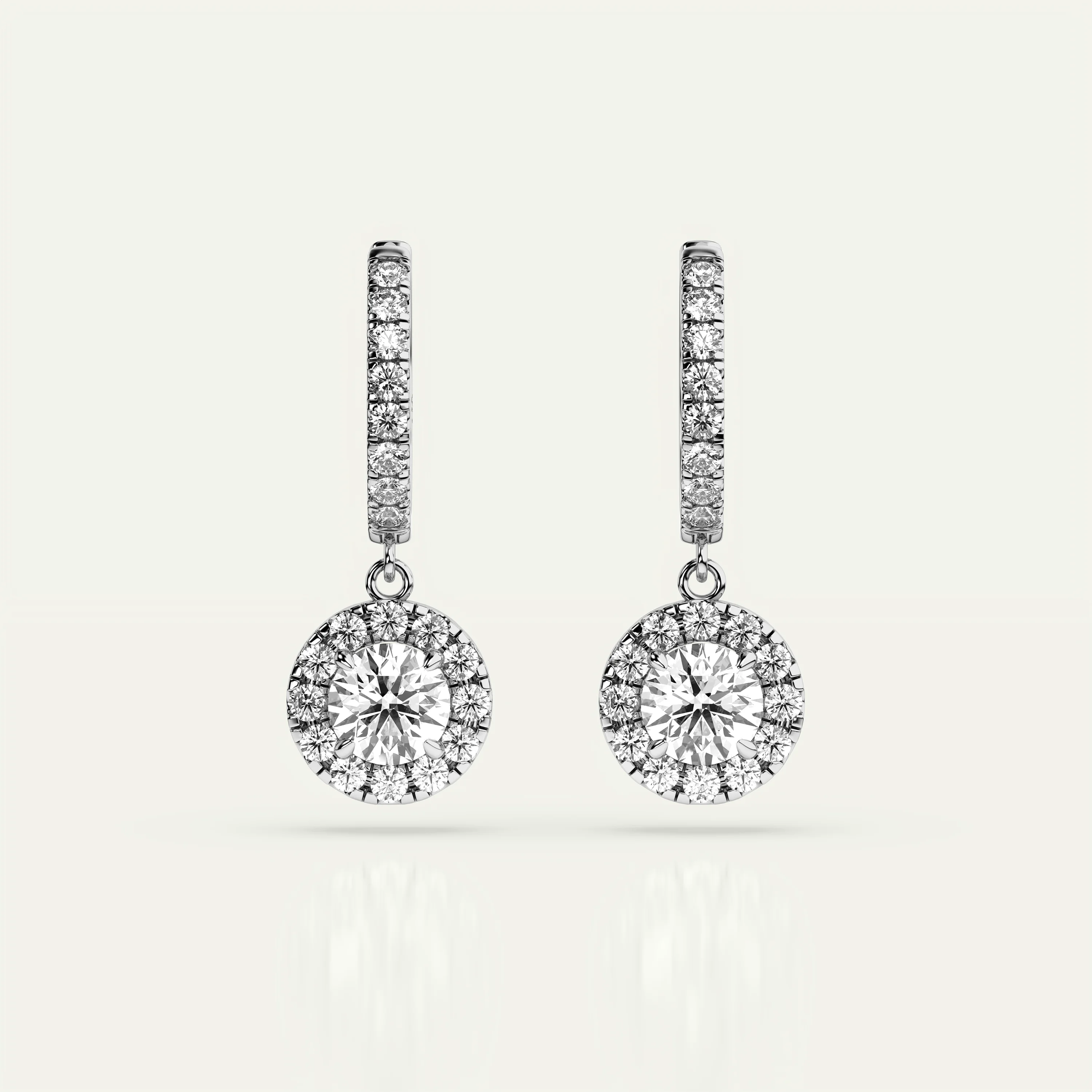 Goldmacher Pollux halo drop earrings with 1ct round moissanite center stone, crafted in 925 sterling silver for elegant occasions