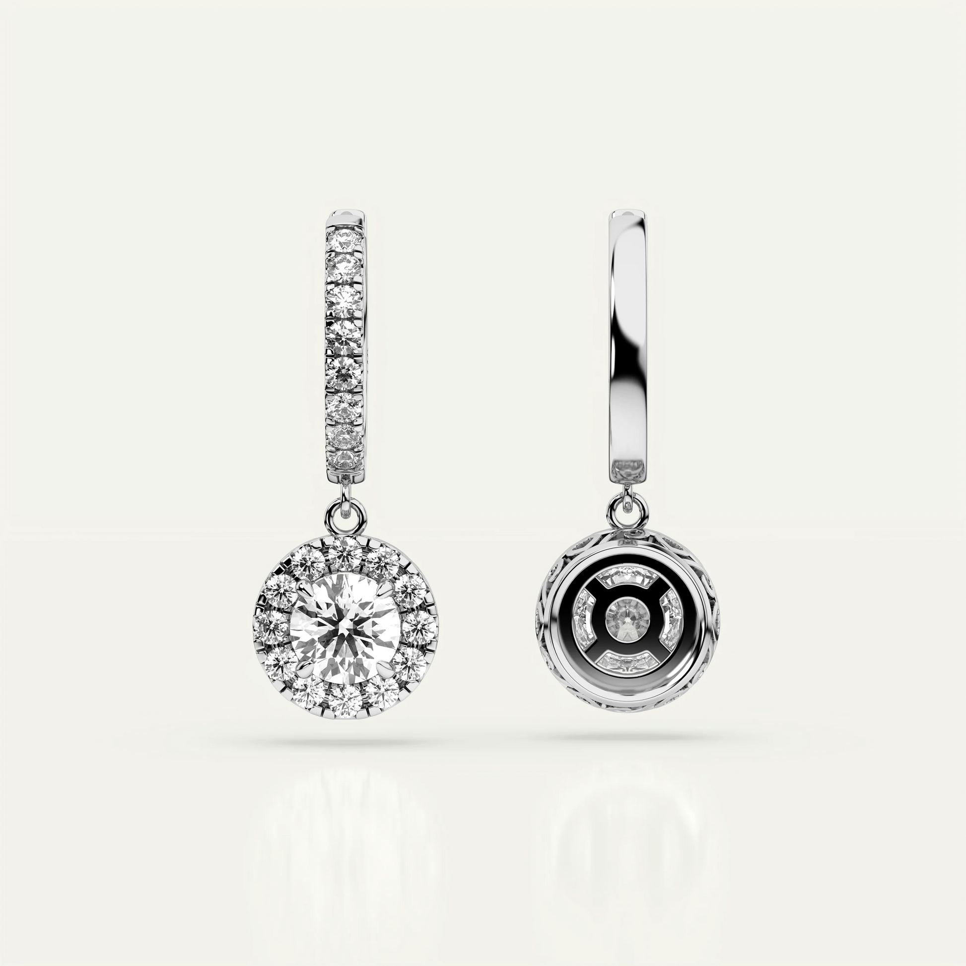 925 silver round moissanite earrings – Goldmacher Pollux 1ct halo drop design with durable sterling silver setting.