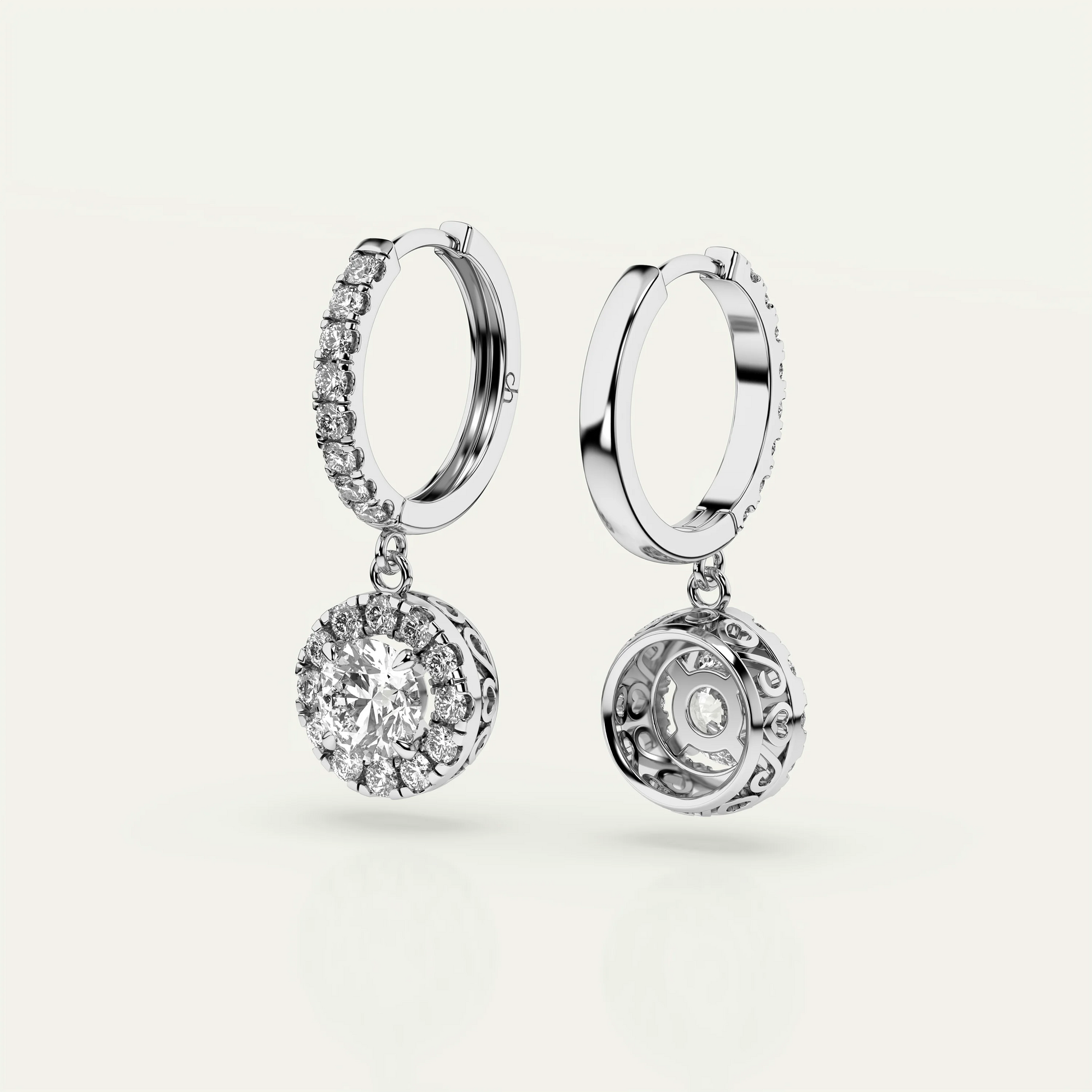 Sparkling 1ct round moissanite halo drop earrings by Goldmacher Pollux – crafted in 925 silver with brilliant-cut stones, ideal as a gift or diamond-alternative jewelry.