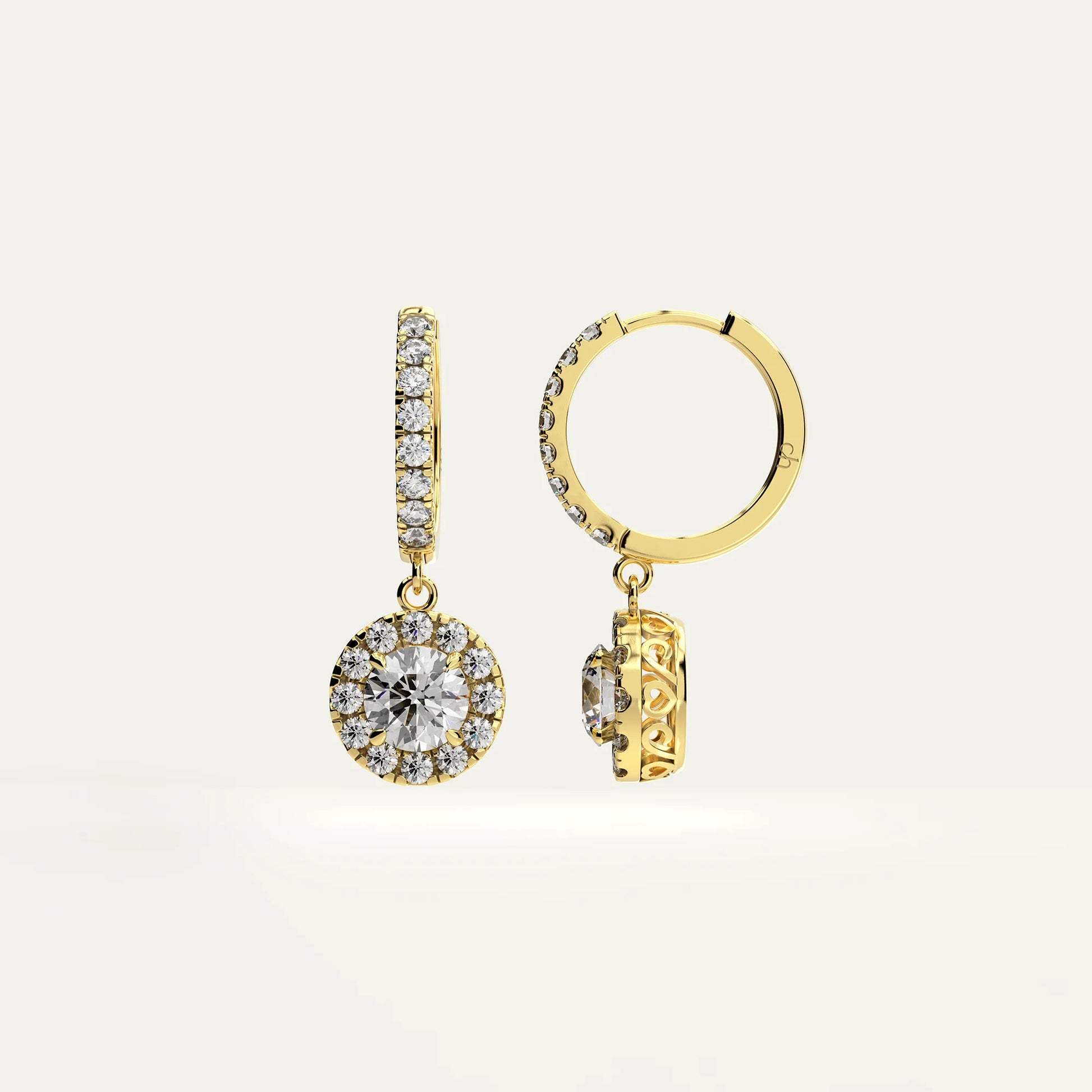 Goldmacher Pollux halo drop earrings with 1ct round moissanite center stone, crafted in lustrous 18k gold-plated finish for elegant occasions.