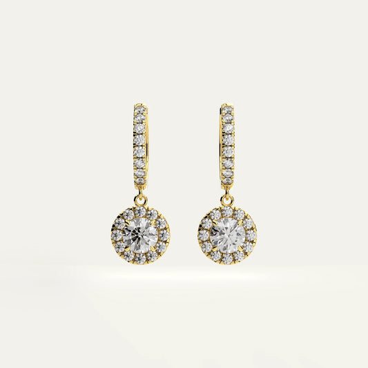 18k gold-plated round moissanite earrings – Goldmacher Pollux 1ct halo drop design with radiant gold-toned setting.