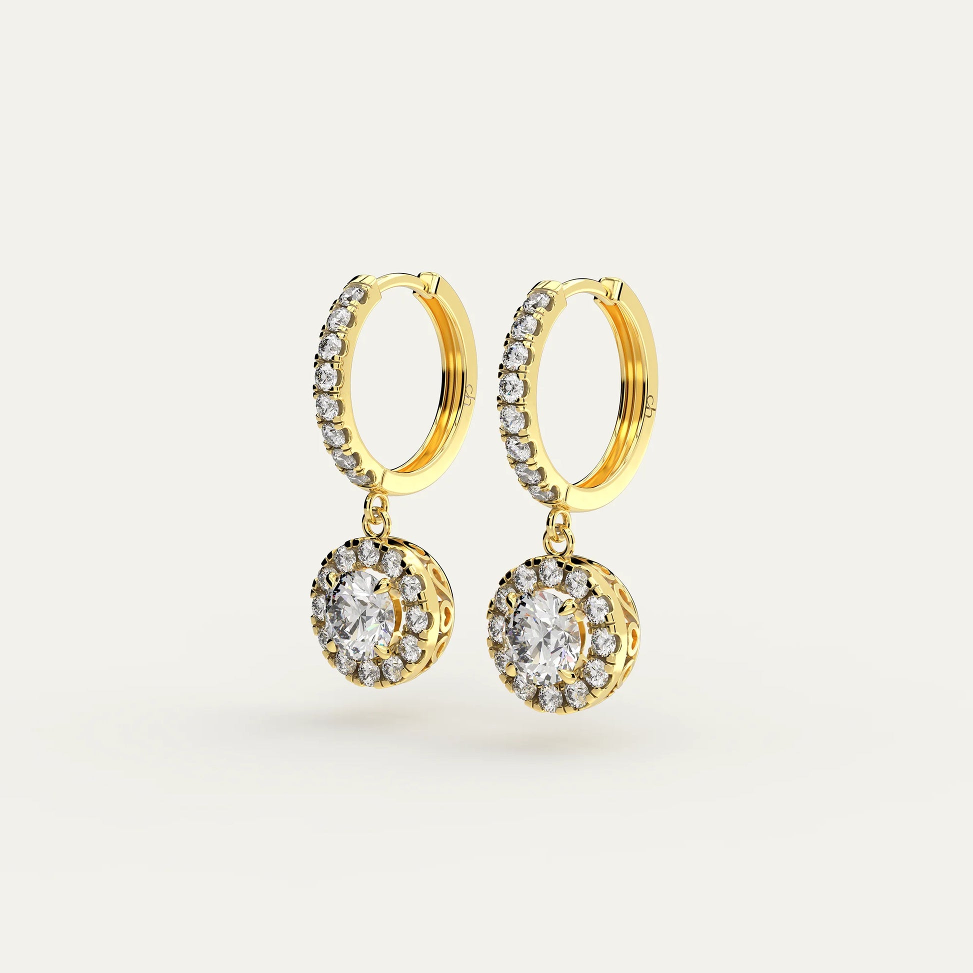 Goldmacher Pollux luxury earrings featuring 1 carat round-cut moissanite gemstone, halo accent, and polished 18k gold-plated finish.