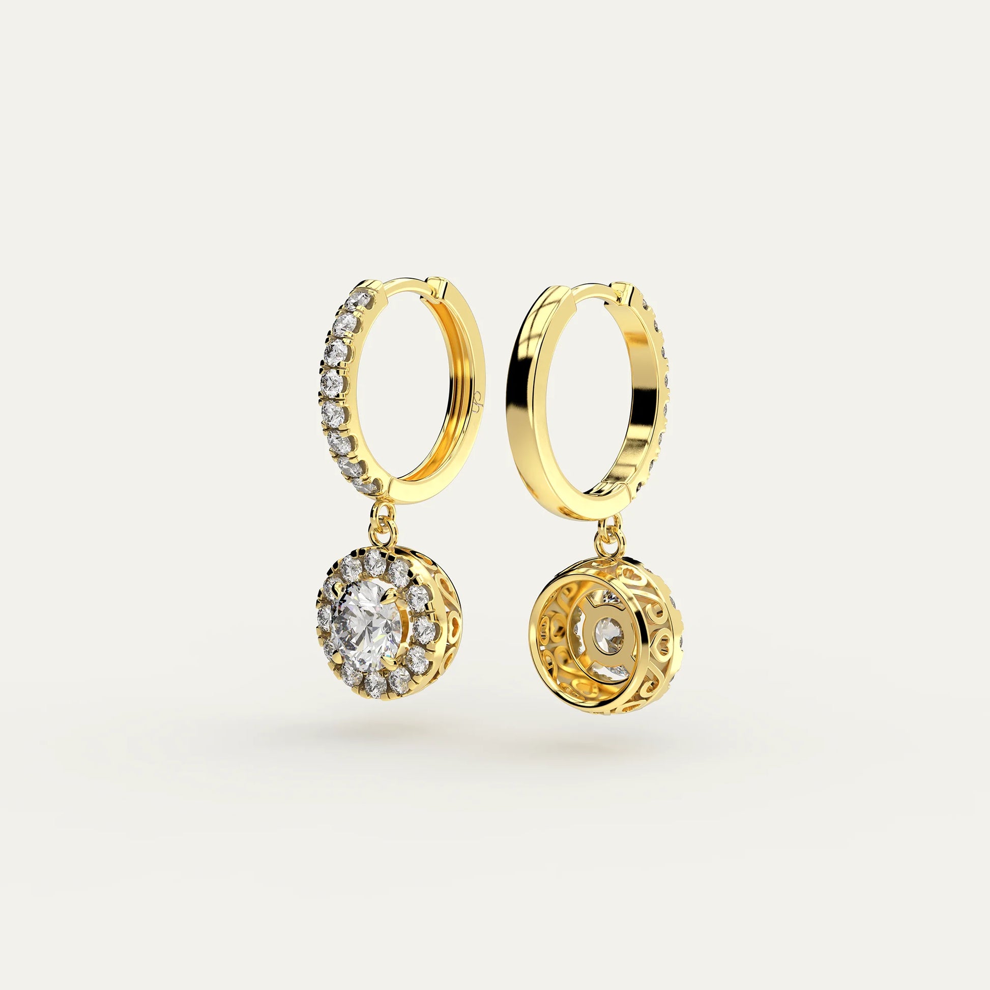 Drop-style moissanite earrings in 18k gold-plated – Goldmacher Pollux 1ct round halo design for timeless everyday or formal wear.