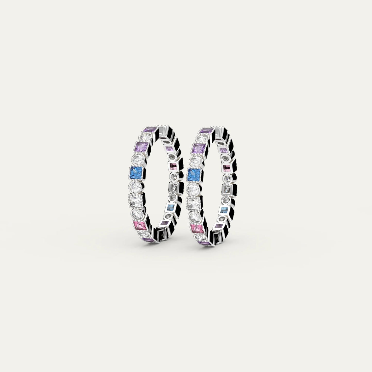 Prism Loop 925 Silver Earrings – Hinged Closure Detail and S925 Marking with Rainbow Zircons