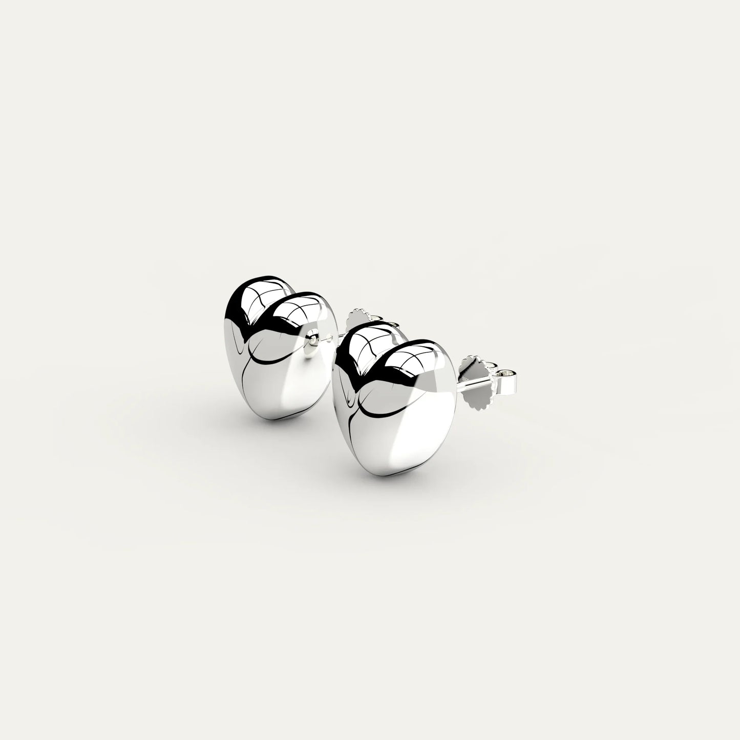 Puffy Heart Earrings in Rhodium Silver – Smooth Rounded Side View on 925 Silver Base