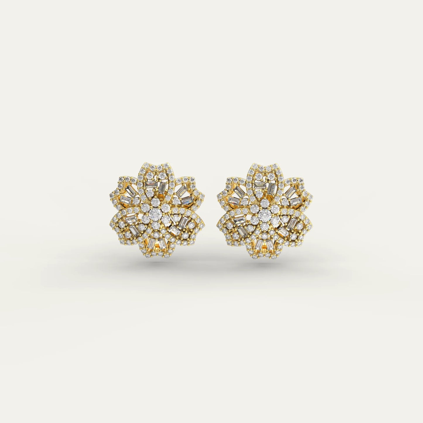 Goldmacher Rosemary floral moissanite cluster earrings in 18k gold with mixed round and baguette cuts