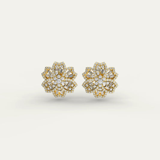 Goldmacher Rosemary floral moissanite cluster earrings in 18k gold with mixed round and baguette cuts