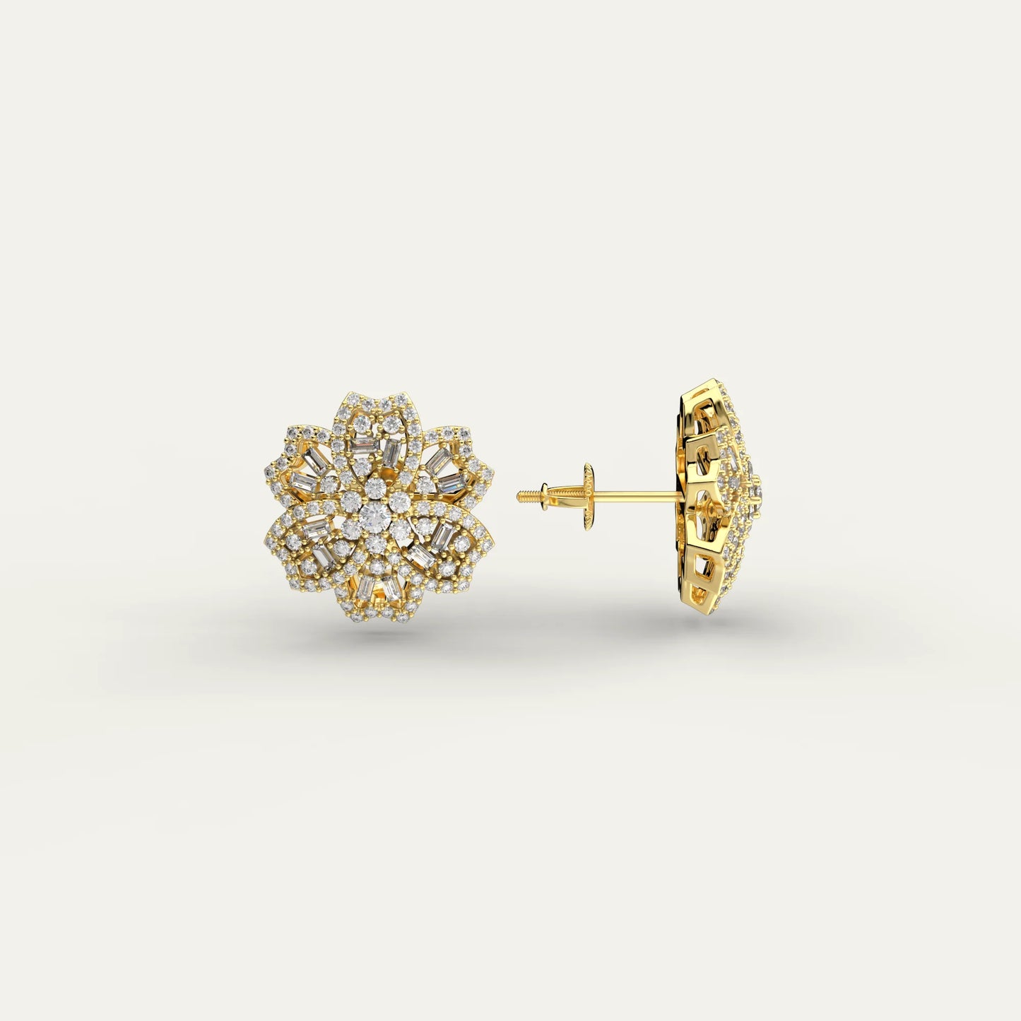 Goldmacher Rosemary 18k Gold-Plated Floral Cluster Earrings – Round and Baguette Moissanite Stones for Timeless Elegance.
