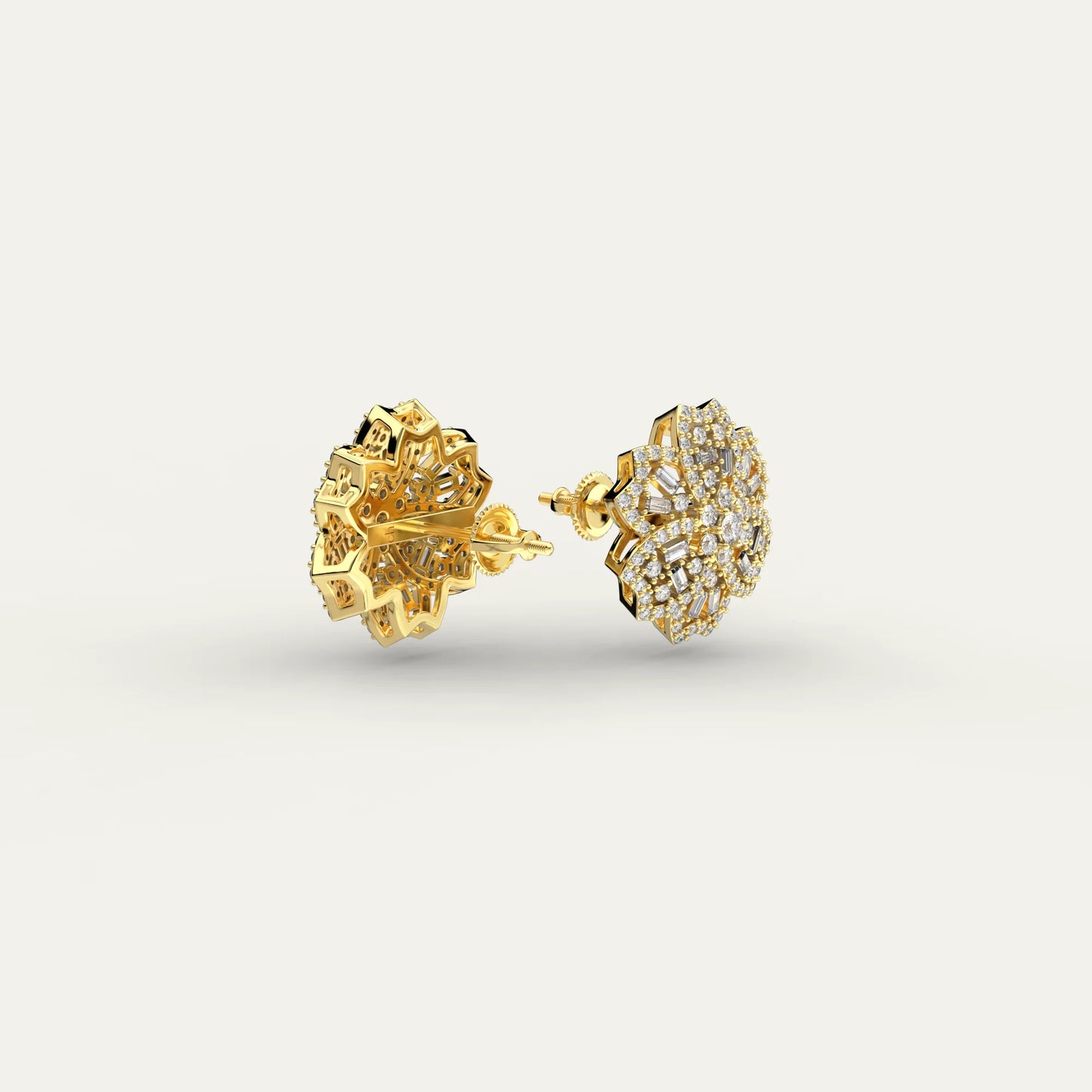 Goldmacher Rosemary Floral Moissanite Cluster Earrings in 18k Gold-Plated – Mixed Round and Baguette Cuts for Vintage-Inspired Sparkle.