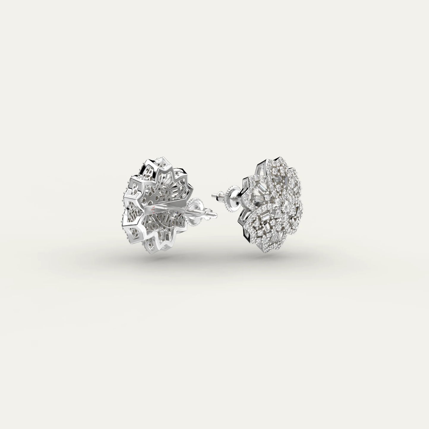 Goldmacher Rosemary Floral Moissanite Cluster Earrings in 925 Silver – Mixed Round/Baguette Cuts for Lightweight, Hypoallergenic Wear.