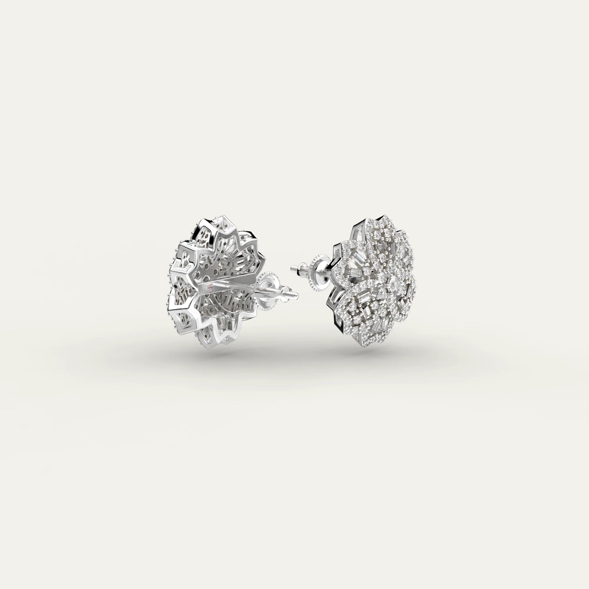 Goldmacher Rosemary Floral Moissanite Cluster Earrings in 925 Silver – Mixed Round/Baguette Cuts for Lightweight, Hypoallergenic Wear.