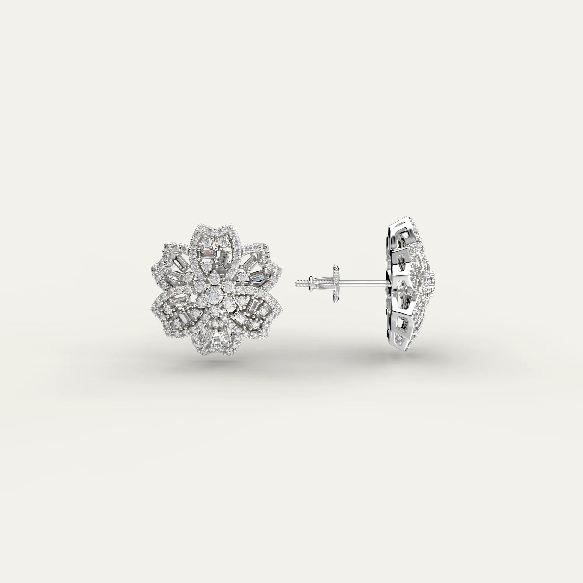 Goldmacher Rosemary 925 Silver Floral Earrings – Moissanite Cluster with Round and Baguette Stones for Everyday Elegance.