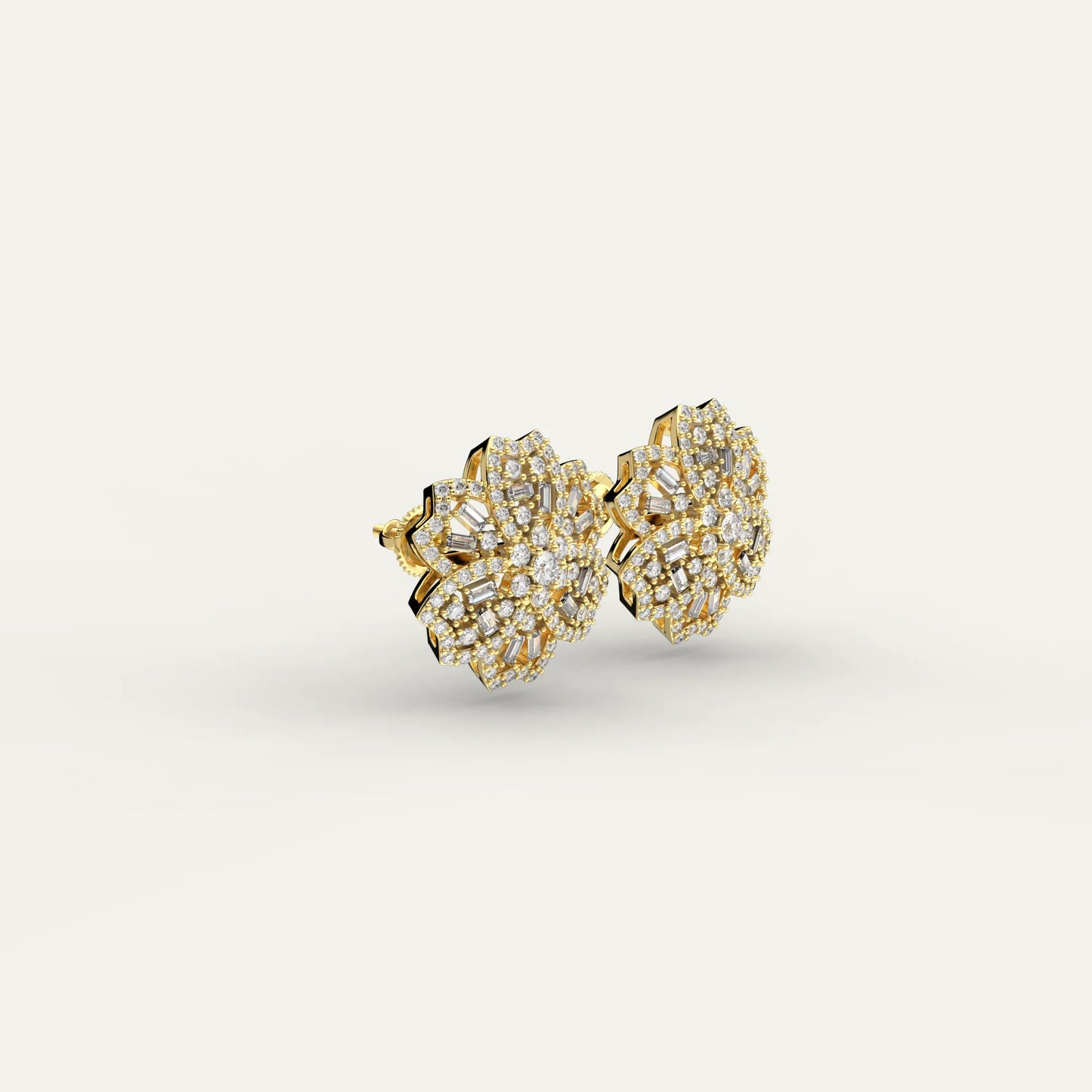 Goldmacher Rosemary 18k Gold-Plated Floral Moissanite Earrings – Mixed Round/Baguette Cluster for Bridal or Special Occasion Jewelry.