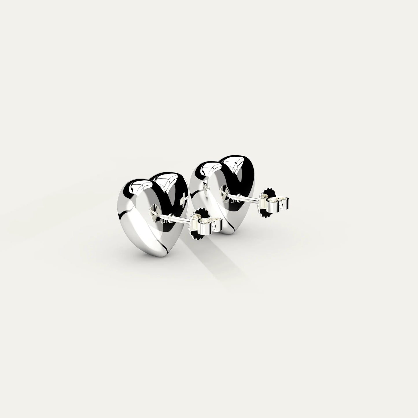 Rhodium Silver Puffy Heart Stud Earrings – S925 Logo and Secure Push-Back Fastening