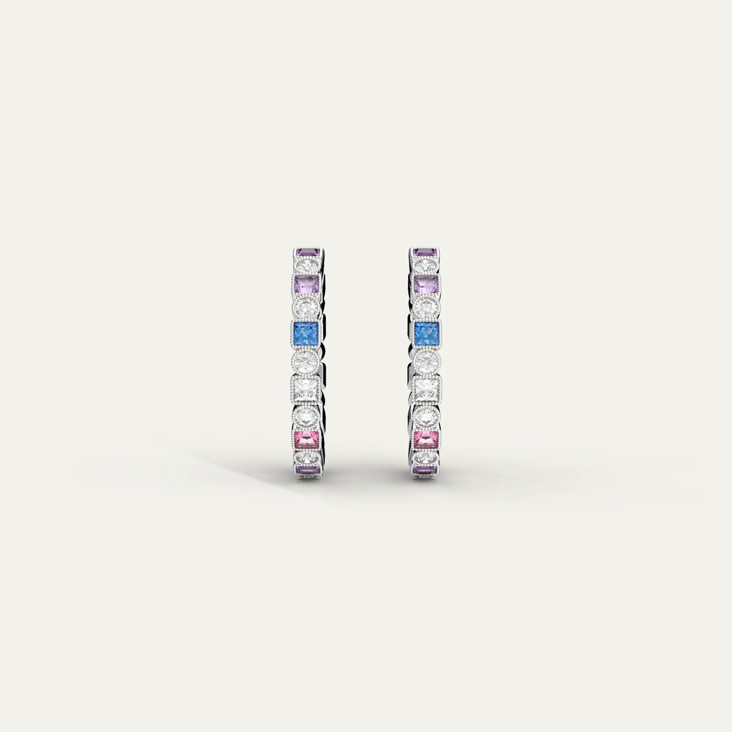 Colorful Prism Loop Silver Hoop Earrings – Multicolor Zircon Design with Smooth Rhodium Finish