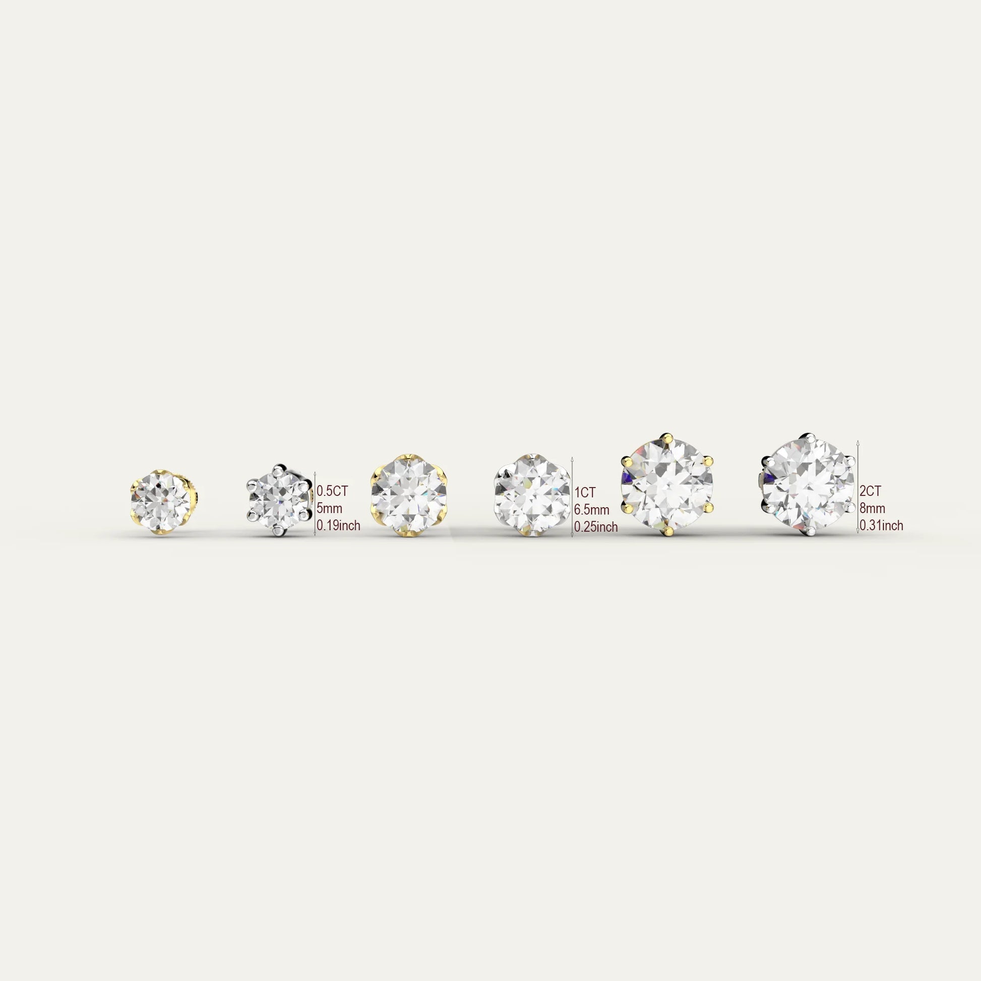 Goldmacher Zenith Moissanite Stud Earrings – Size comparison chart from 0.5CT to 2CT with millimeter and inch measurements