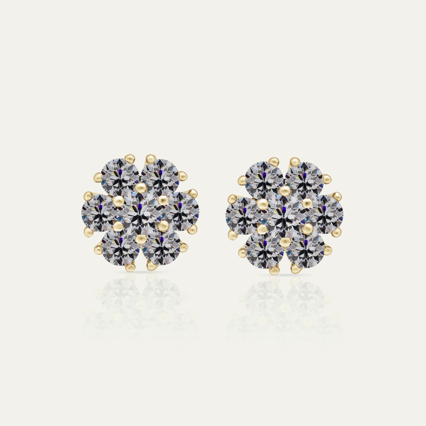 Goldmacher Calytrix gold-plated 18k cluster earrings with round moissanite stones in a floral design