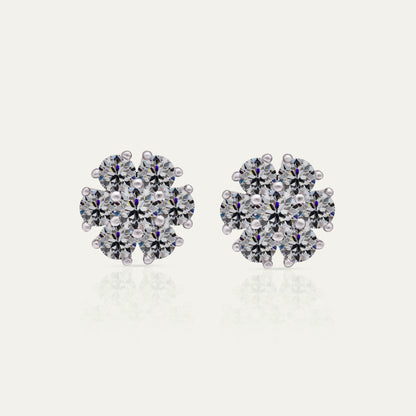 Goldmacher Calytrix sterling silver cluster earrings with round moissanite stones in a floral design