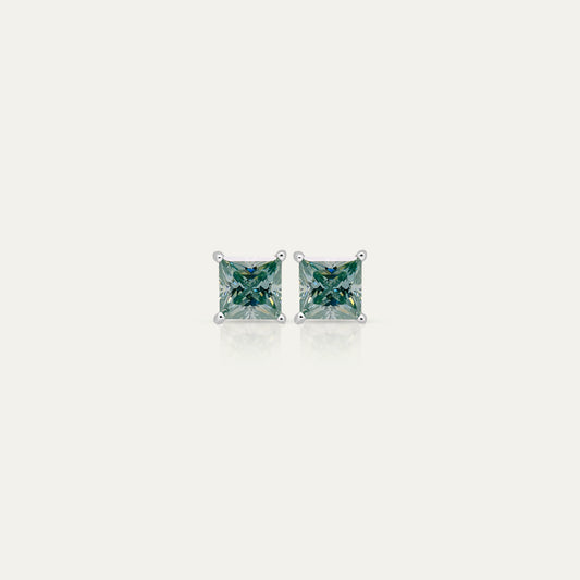 Goldmacher Dara silver stud earrings with green princess-cut moissanite stones