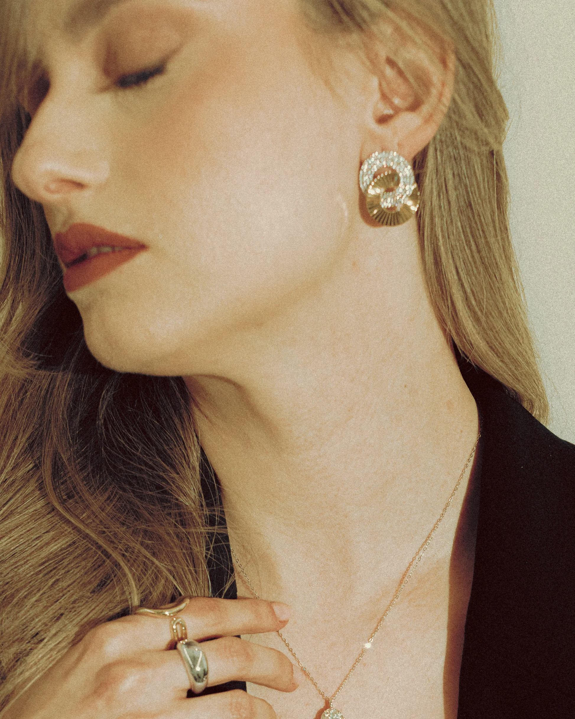 Sculptural Stud Earrings by Goldmacher – Double Deluxe earrings styled on model with polished and textured finishes