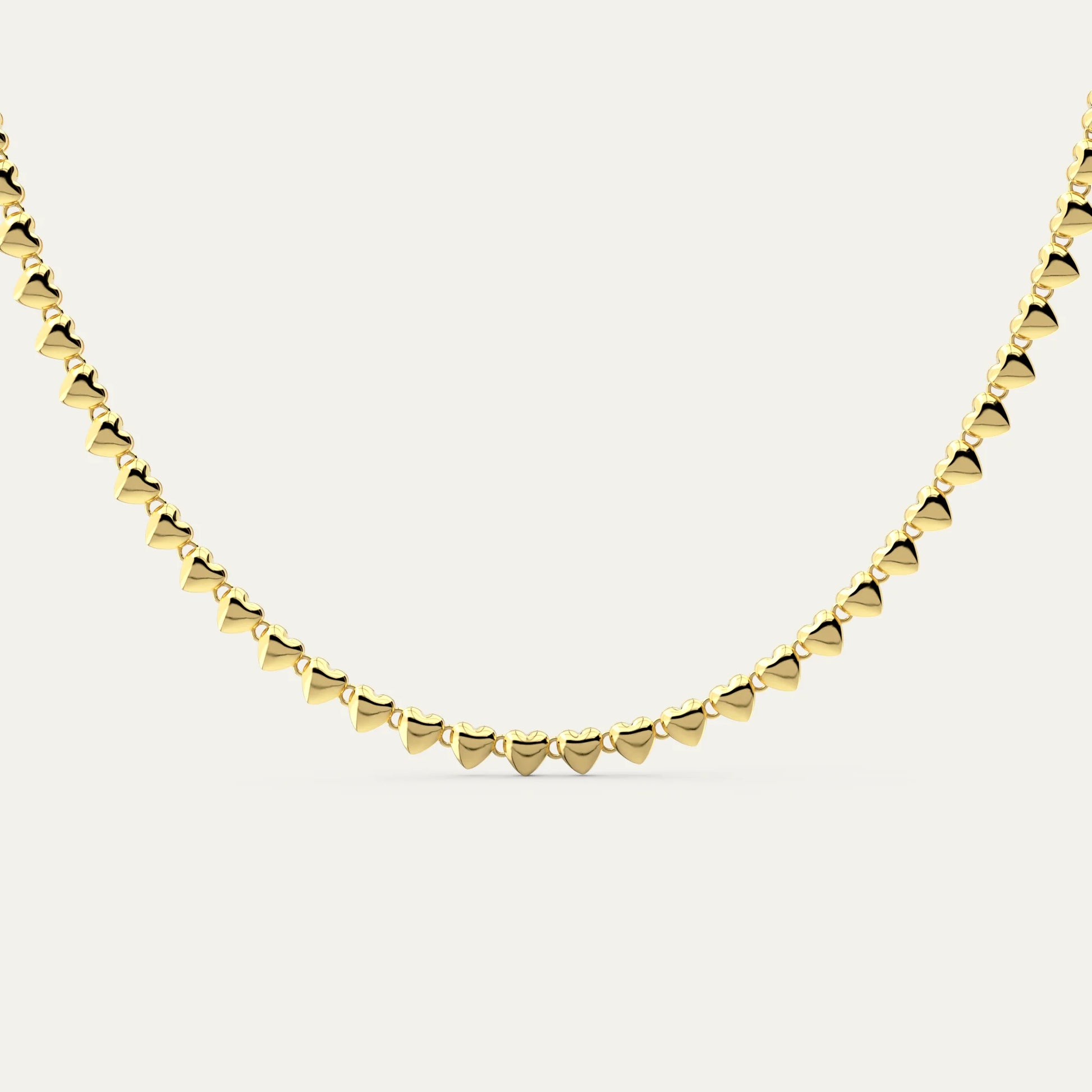 Heart String Necklace – 18K Gold Finish, Close-Up of Polished Heart Links and Box Clasp with S925 Engraving
