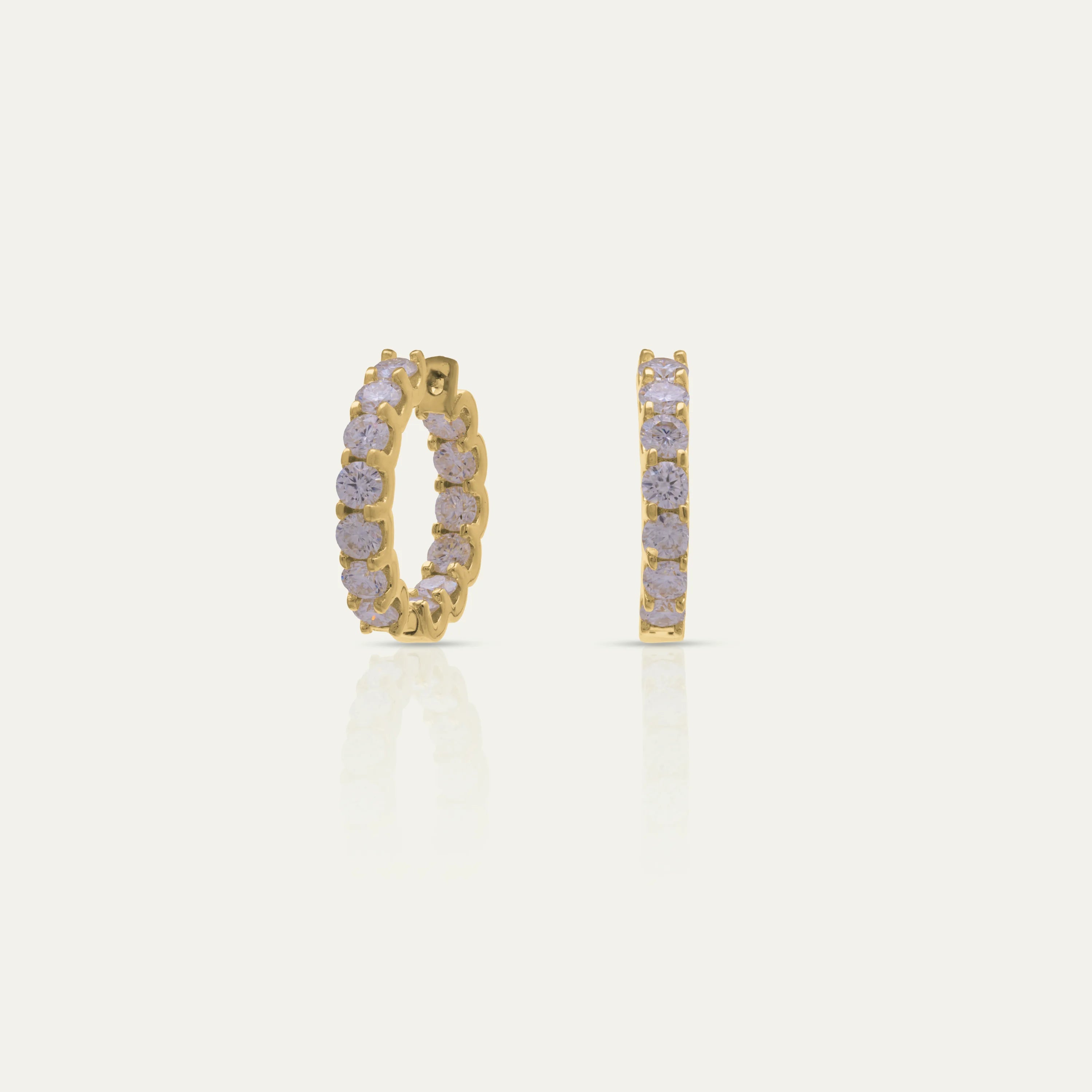 Goldmacher Heaven Hoops in 18k gold with 26 round moissanite stones totaling 2.6 carats