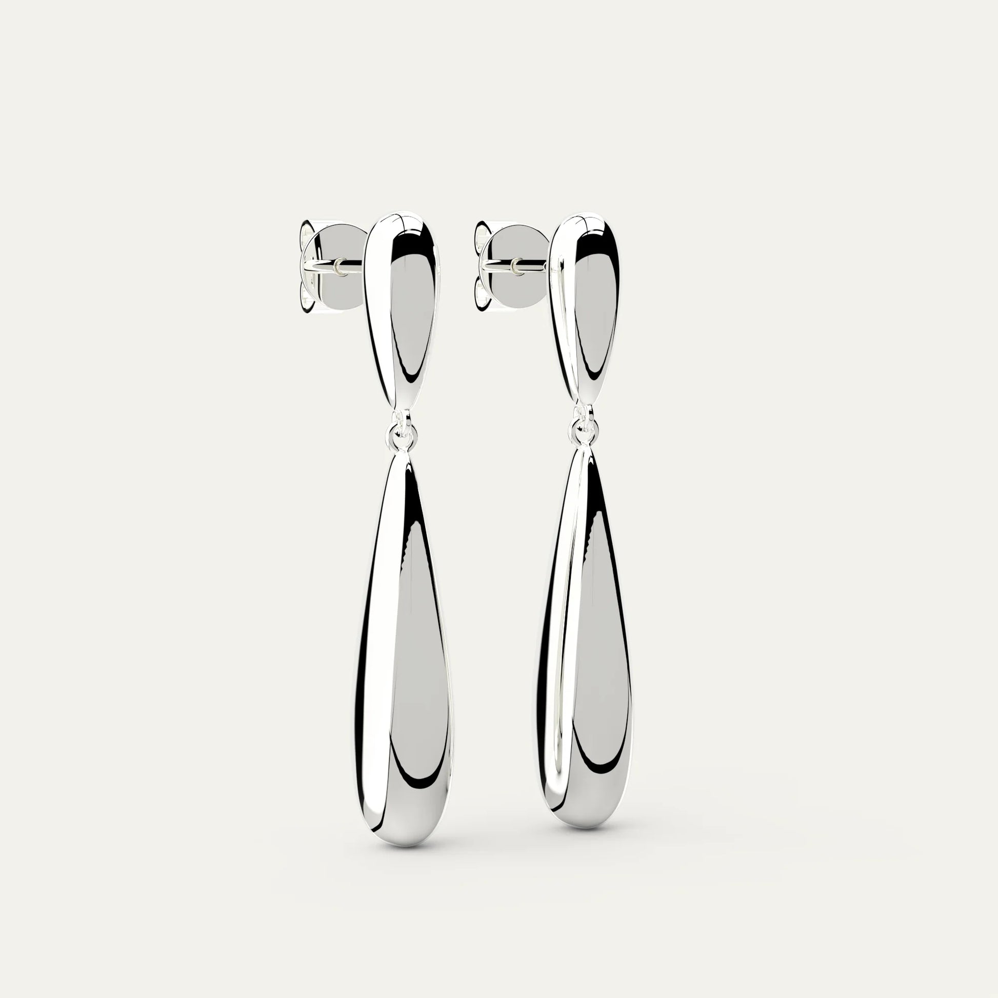 Long Drop Earrings by Goldmacher – Slim Rhodium Silver Drops with High Shine and Streamlined Form