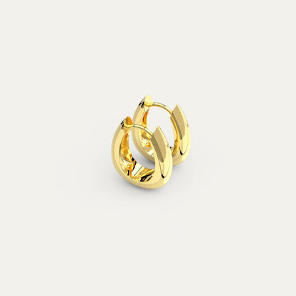 18K Gold Molten Drop Earrings – Fluid Curved Hoop Design with Smooth Mirror Shine