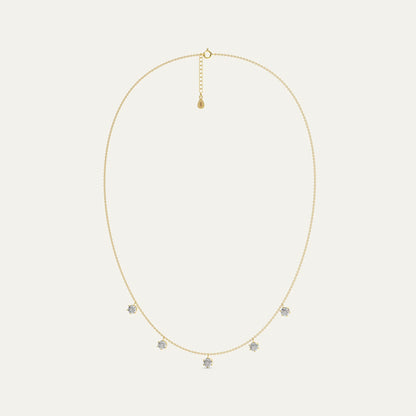 Goldmacher Phoebe Necklace in 18k gold – Five round-cut 0.5ct moissanites in a floating station design.