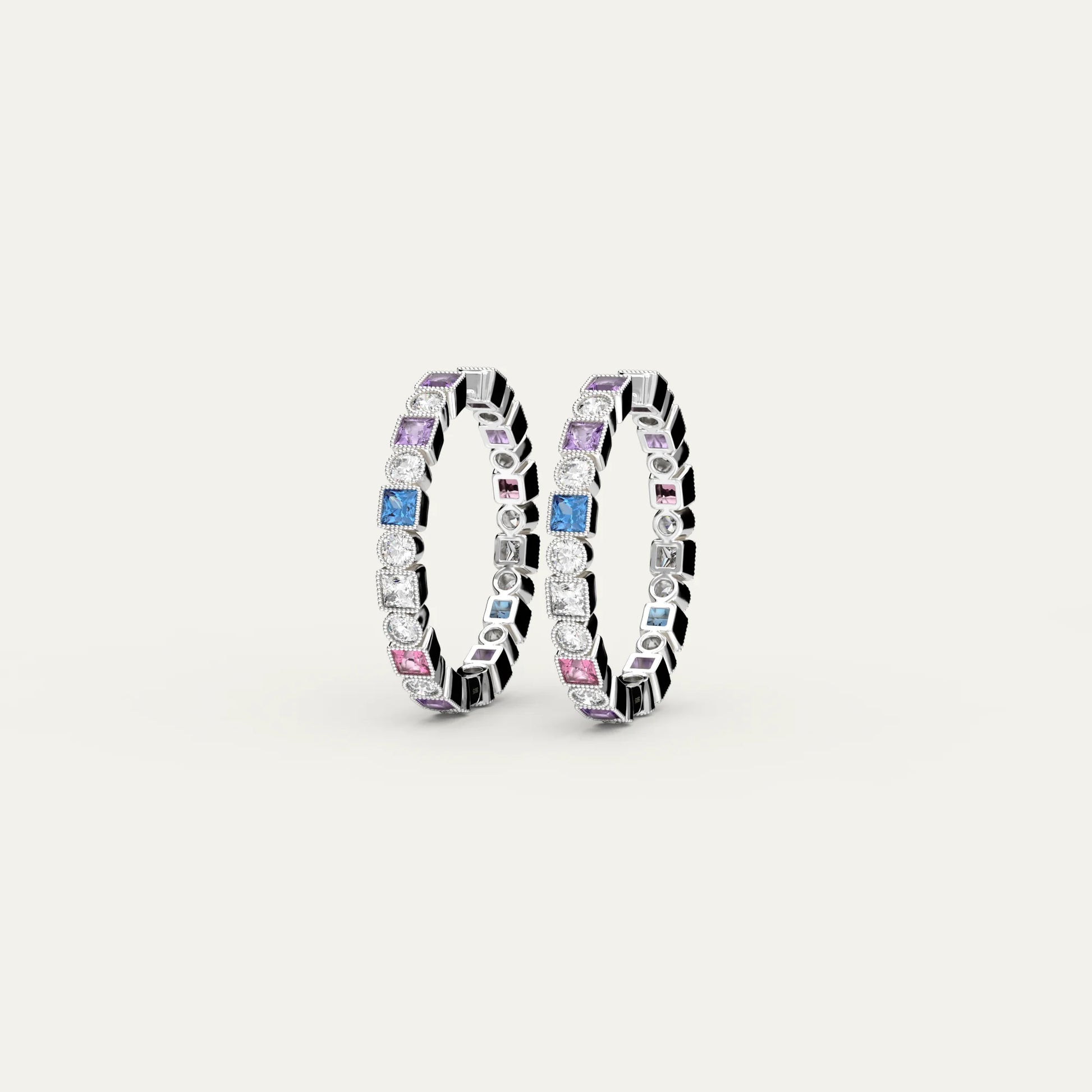 Prism Loop 925 Silver Earrings – Hinged Closure Detail and S925 Marking with Rainbow Zircons