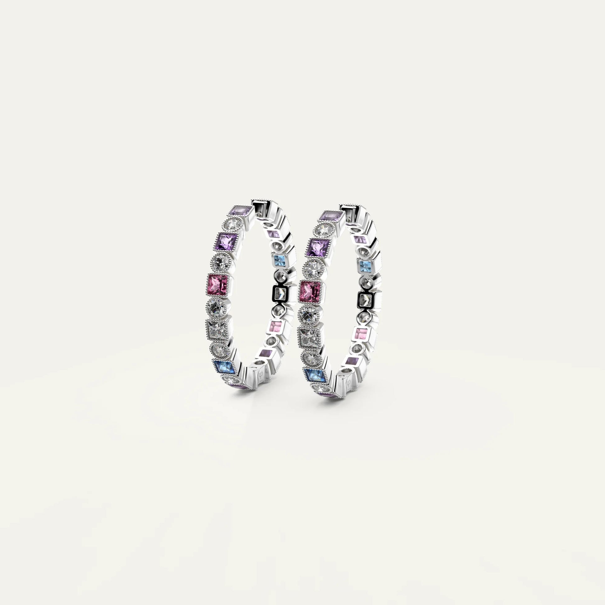 Prism Loop Earrings – 925 Sterling Silver Hoop Earrings with Rainbow Zircon Stones in Round and Square Cuts