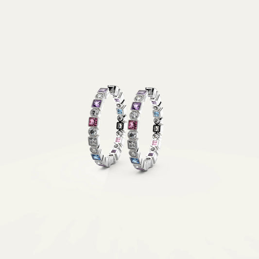 Prism Loop Earrings – 925 Sterling Silver Hoop Earrings with Rainbow Zircon Stones in Round and Square Cuts