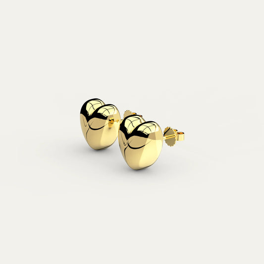 Puffy Heart Earrings in 18K Gold – Side Angle Showing Rounded Volume and Mirror Polish on Sterling Silver