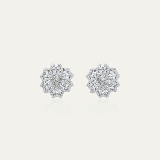 Goldmacher Rosemary floral moissanite cluster earrings in 925 silver with mixed round and baguette cuts