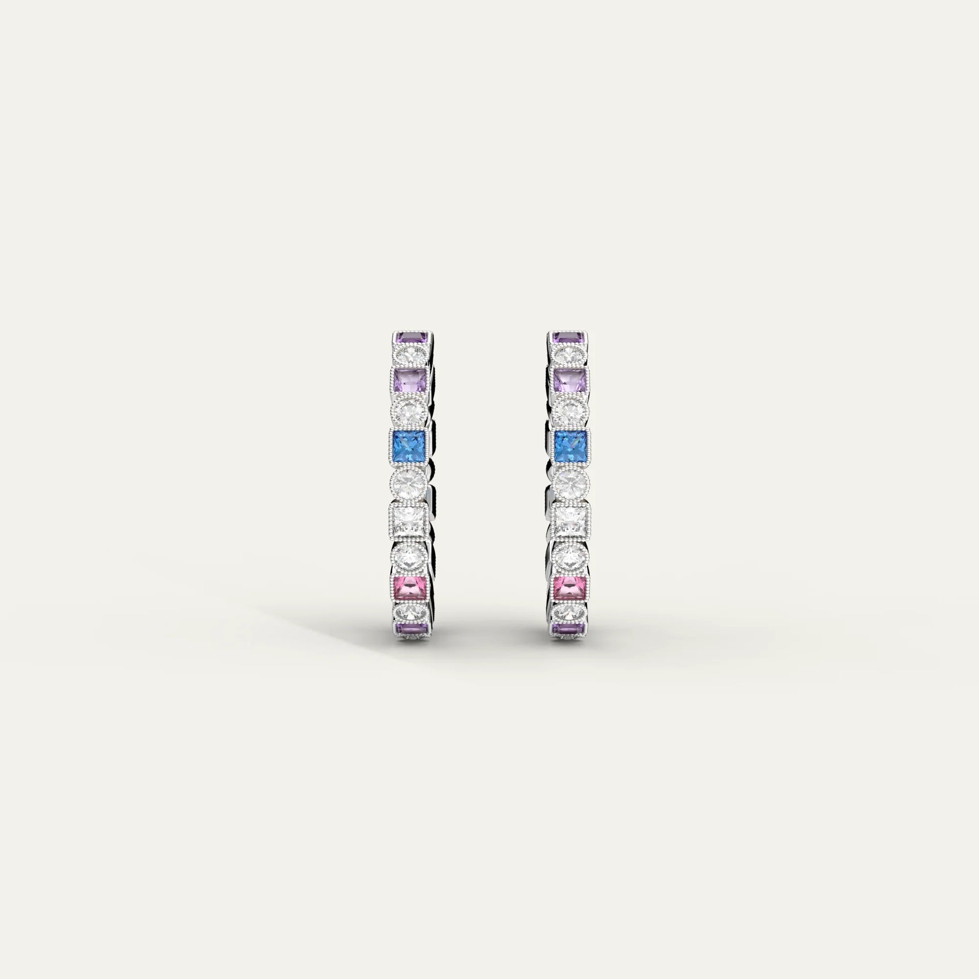 Colorful Prism Loop Silver Hoop Earrings – Multicolor Zircon Design with Smooth Rhodium Finish