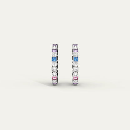 Colorful Prism Loop Silver Hoop Earrings – Multicolor Zircon Design with Smooth Rhodium Finish
