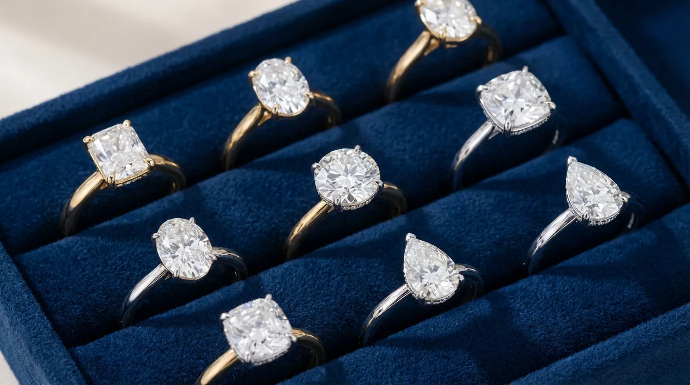 Moissanite engagement rings in different cuts — round, oval, cushion, pear