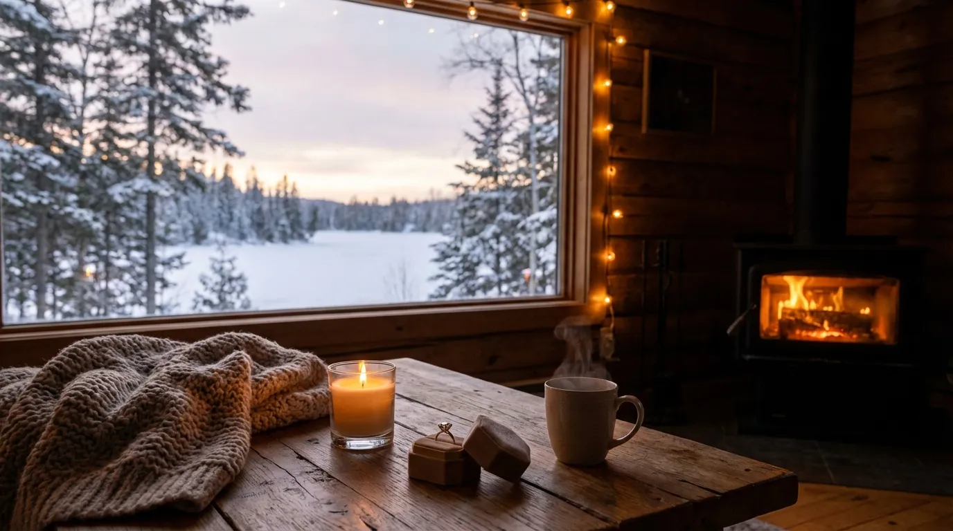 Moissanite engagement ring in cozy Canadian winter setting